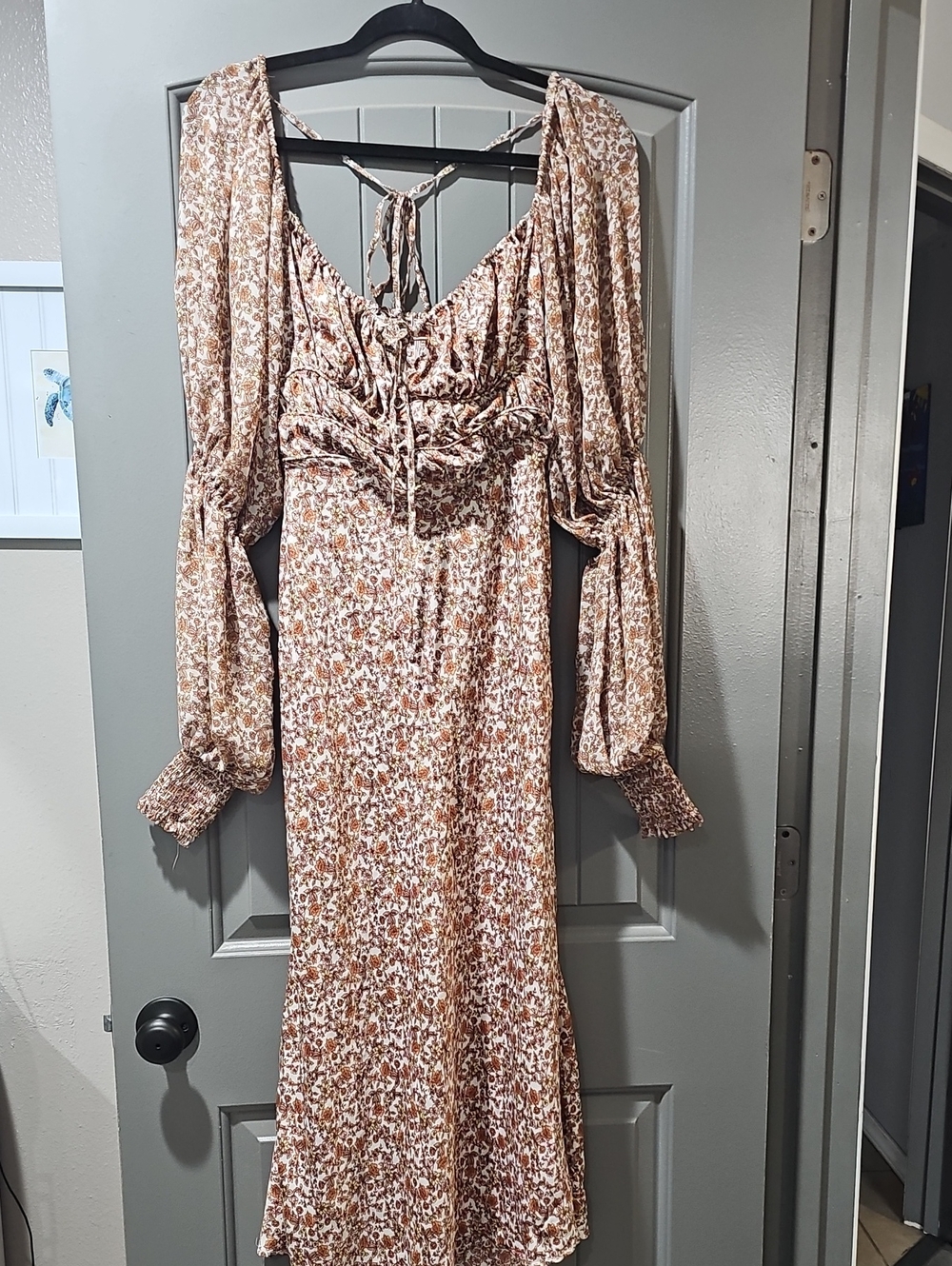 Free People Boho Brown Floral Long Sleeve Midi Dress (B)